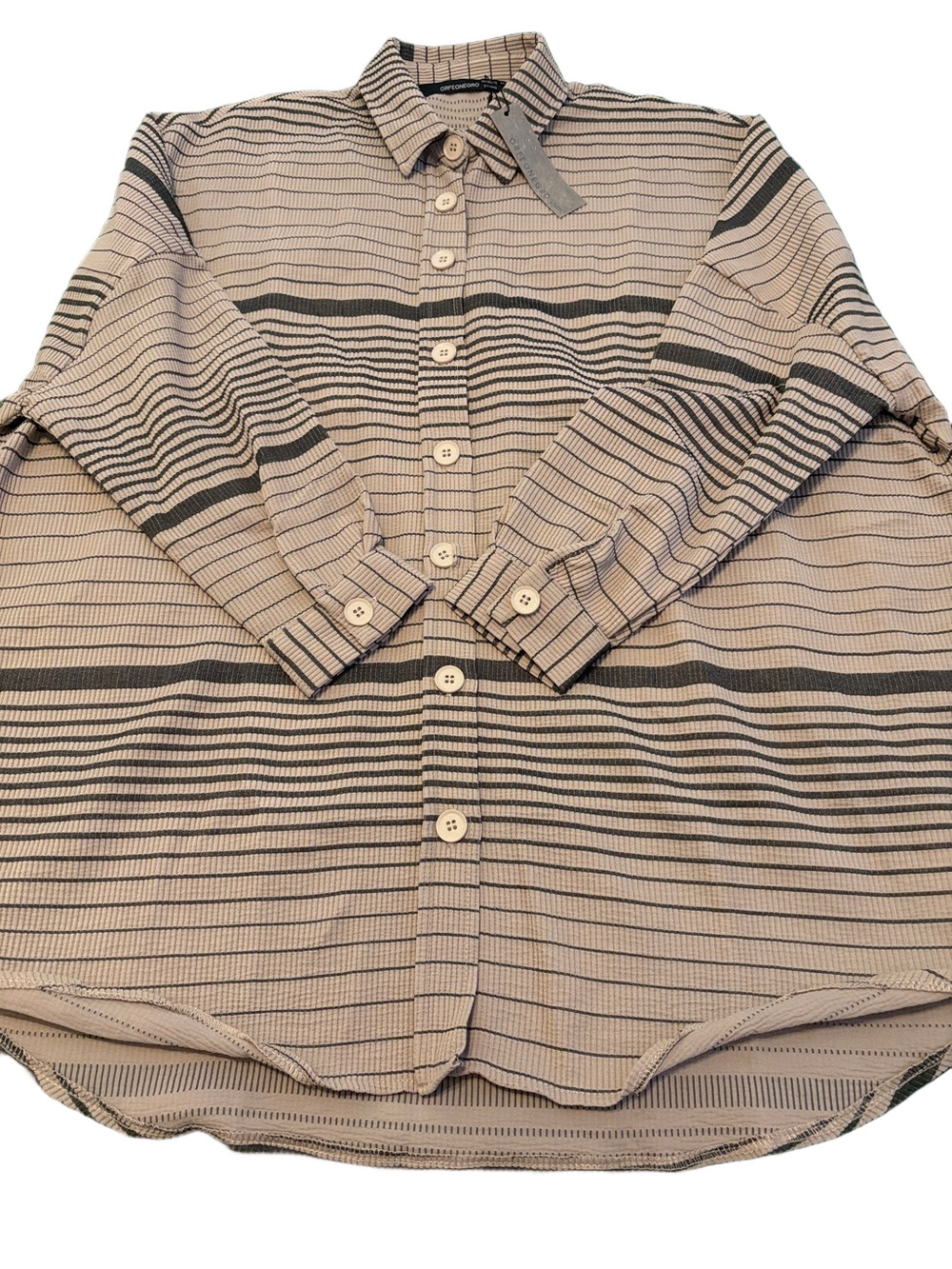 Orfeonegro Oversized Studio Ribbed Striped Button Down Long Sleeve Shirt Tan